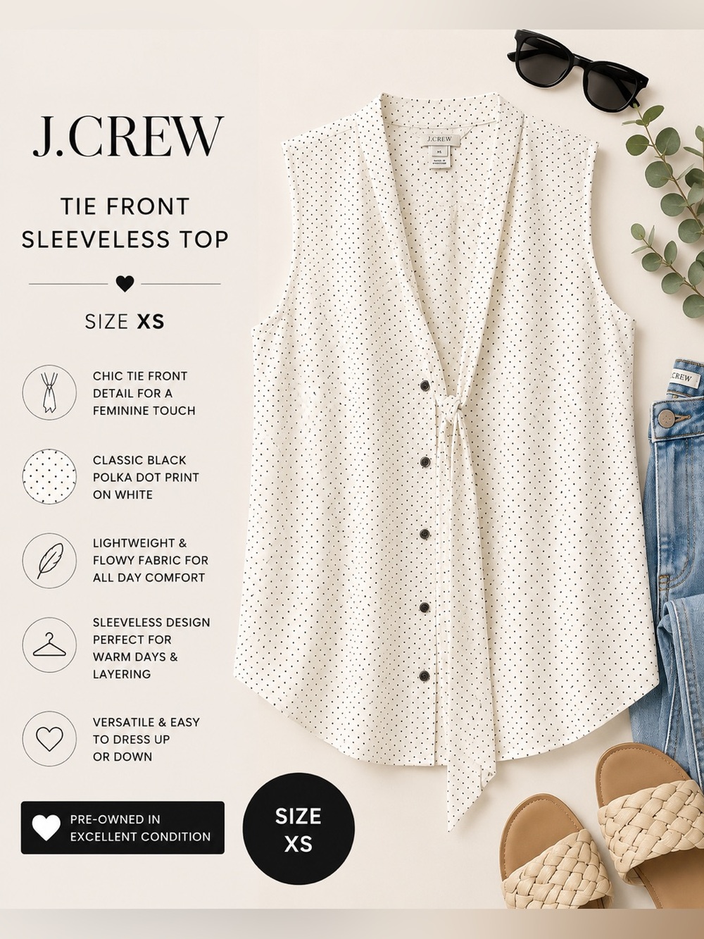 J.Crew White Sleeveless Tie-Front Polka Dot Top